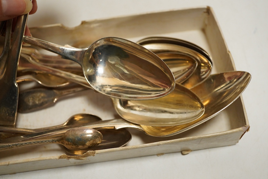 A set of six William IV silver fiddle pattern dessert spoons, London, 1831, William Chawner II, initialled P togerther with assorted 19th century fiddle pattern and a pair of sugar tongs, weight approx. 16.33ozt (qty)